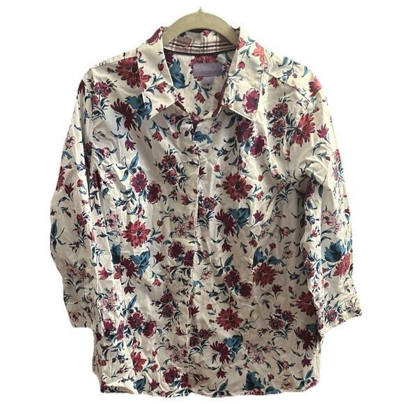 Laura Scott Women's Top Blouse White Multicolor Button Down 3/4 Sleeve Floral 2X - Picture 1 of 9